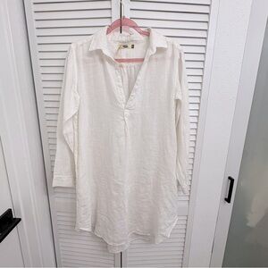 Dolma Simone white linen tunic dress. With collar details and side pockets.
